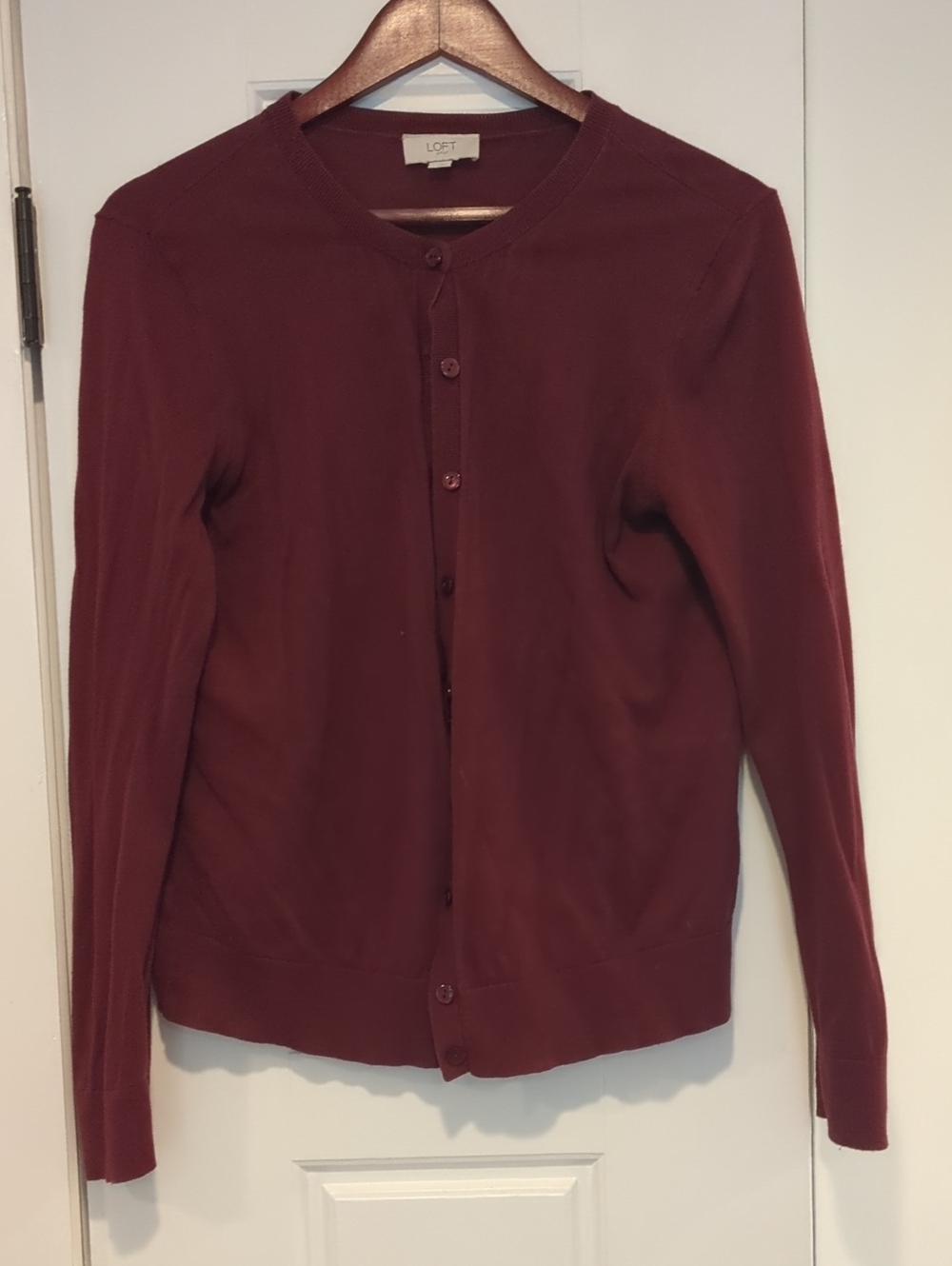 LOFT Women's Burgundy Button-Front Crewneck Cardigan